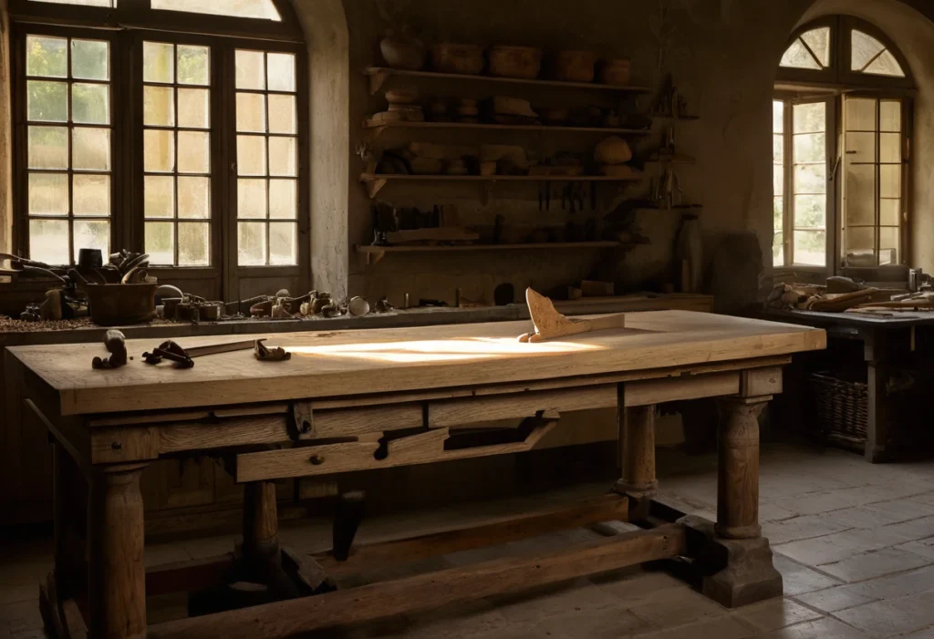 Carving workbench at dawn with sharpened gouges laid out in order and a walnut acanthus leaf in progress