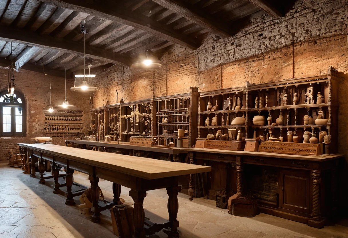 Multi-generational Italian furniture bottega with carving benches, hanging templates and walnut components in progress