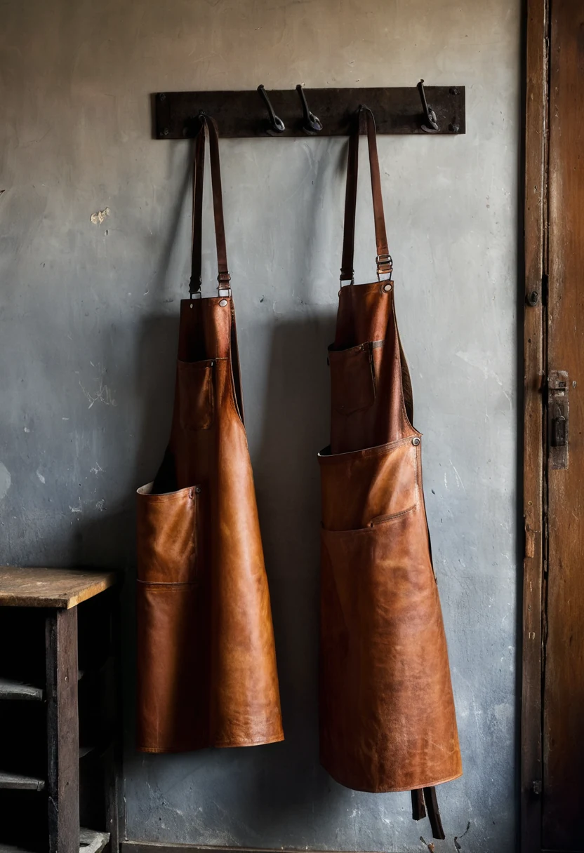 Two leather workshop aprons on iron hooks, one worn pale at the folds and one new and stiff, beside a gouge rack